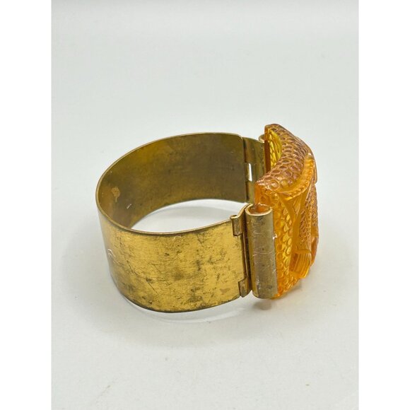 Vtg French Prystal Bakelite Carved Fish Bracelet Hinged Wide Brass Band Art Deco - Picture 4 of 13